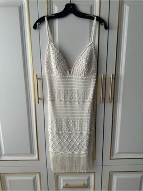 Ivory Beaded Fringe Spaghetti Strap Mini Dress